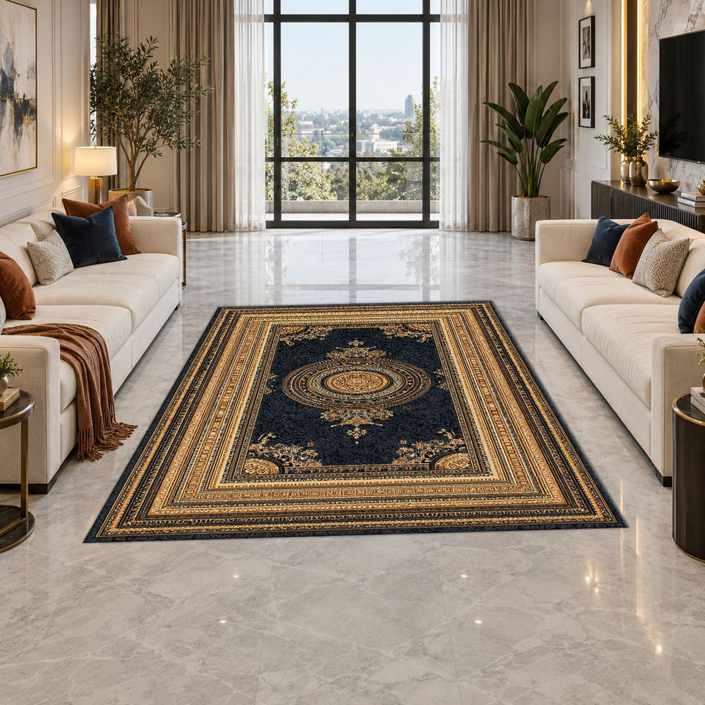 Black and Gold Framed Medallion printed area rug