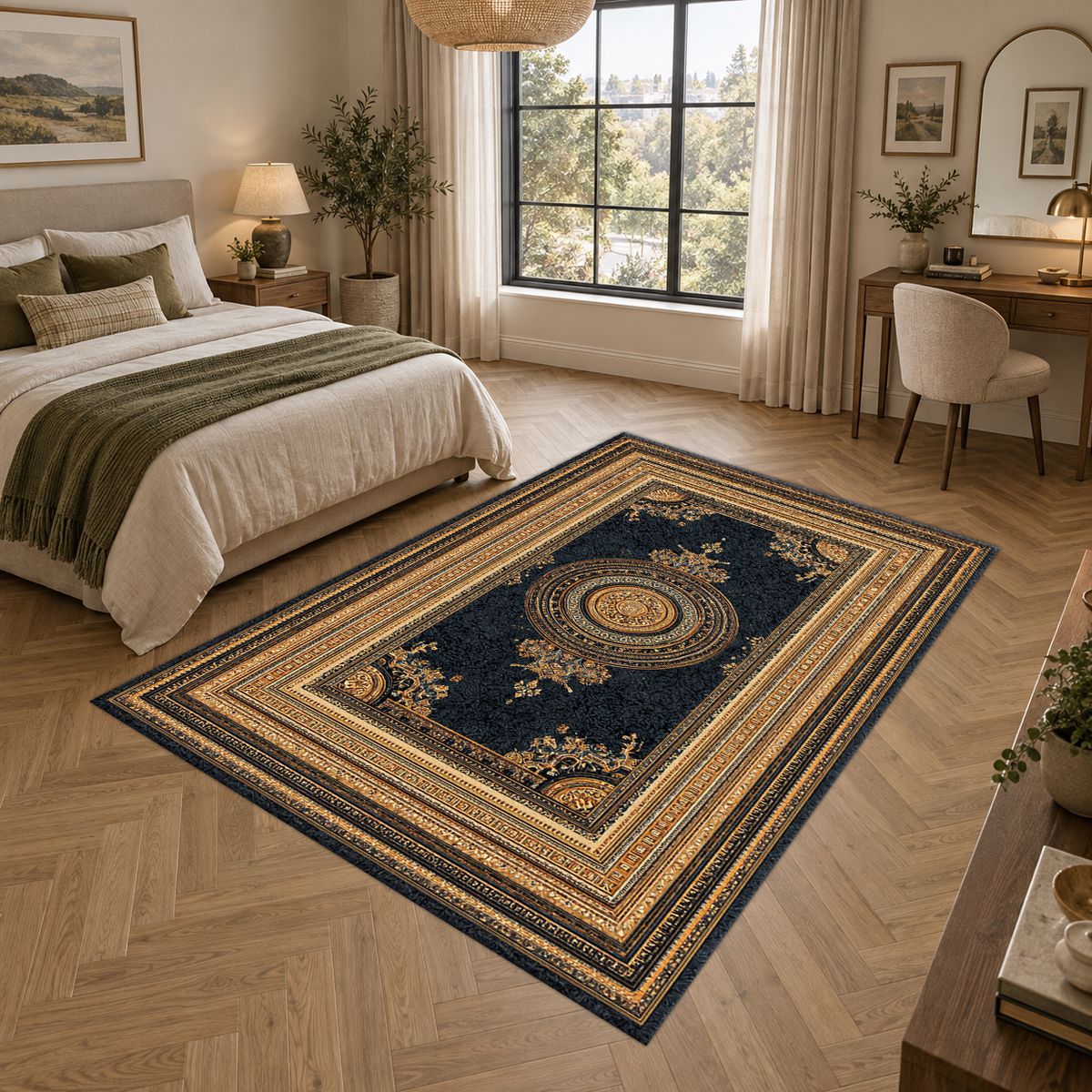 Black and Gold Framed Medallion printed area rug