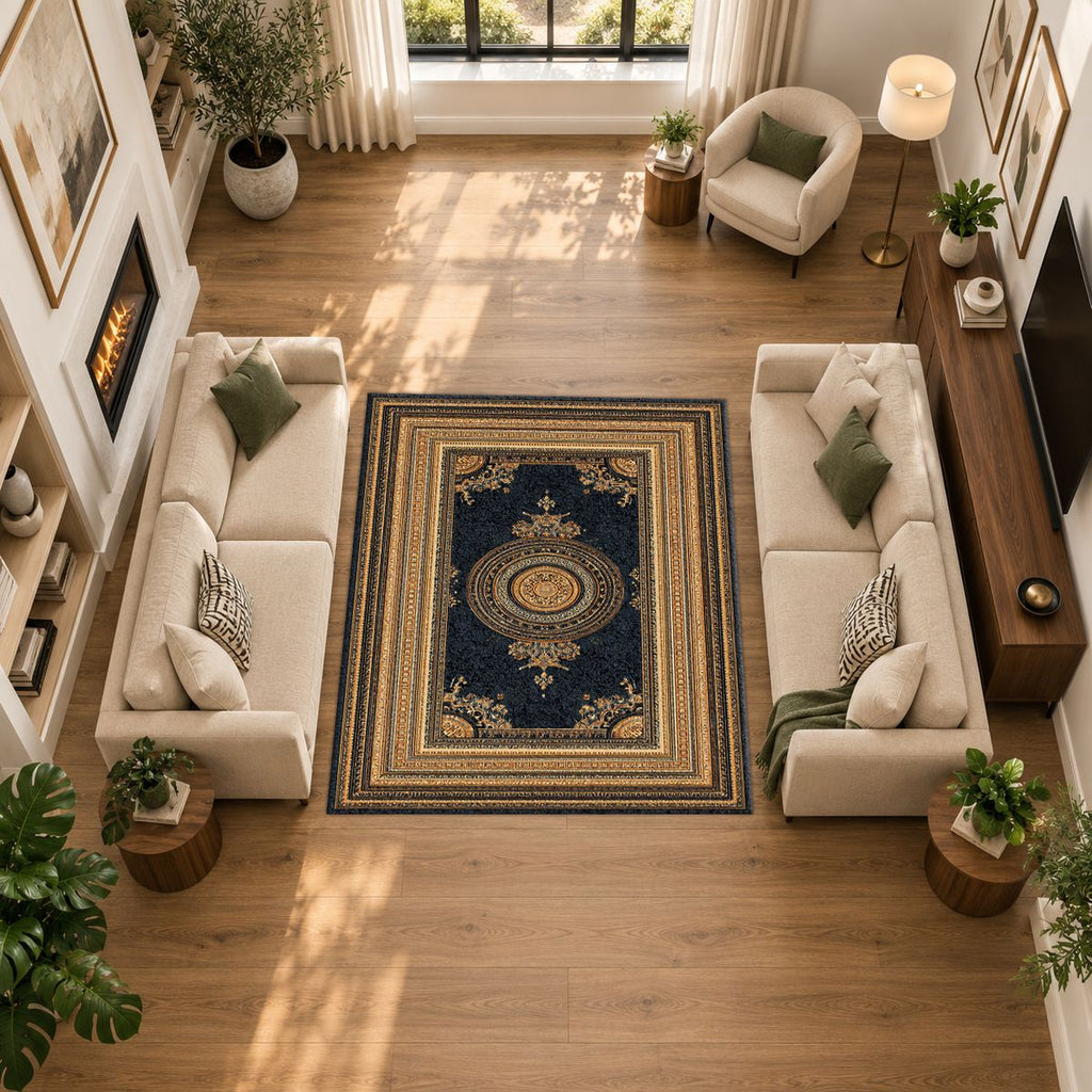 Black and Gold Framed Medallion printed area rug