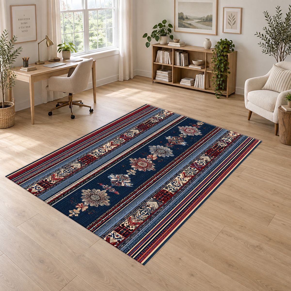 Blue and Red Striped Ornamental Runner printed area rug