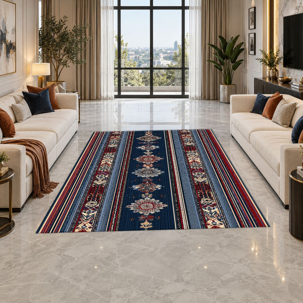 Blue and Red Striped Ornamental Runner printed area rug