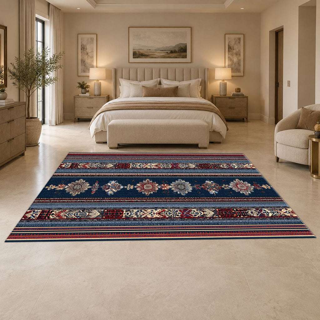 Blue and Red Striped Ornamental Runner printed area rug