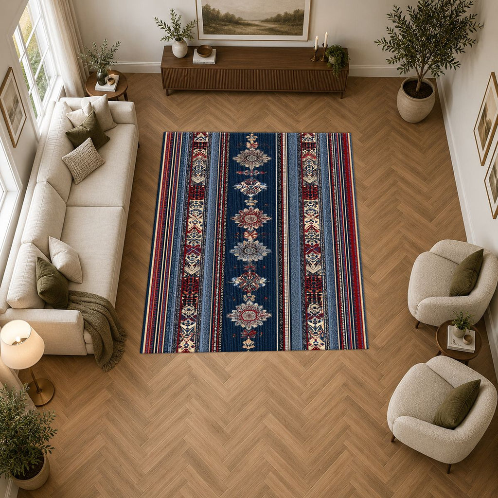 Blue and Red Striped Ornamental Runner printed area rug
