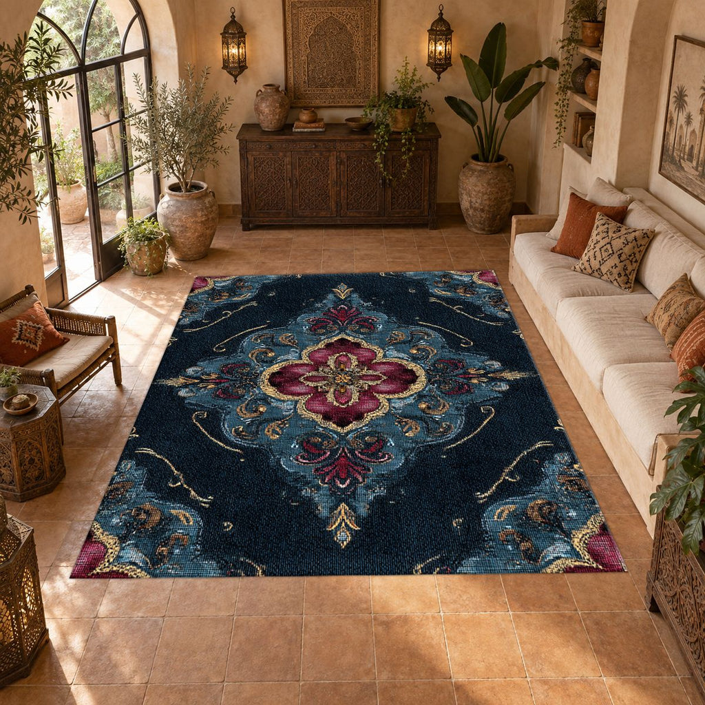 Navy and Magenta Baroque Medallion printed area rug