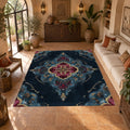 Navy and Magenta Baroque Medallion printed area rug