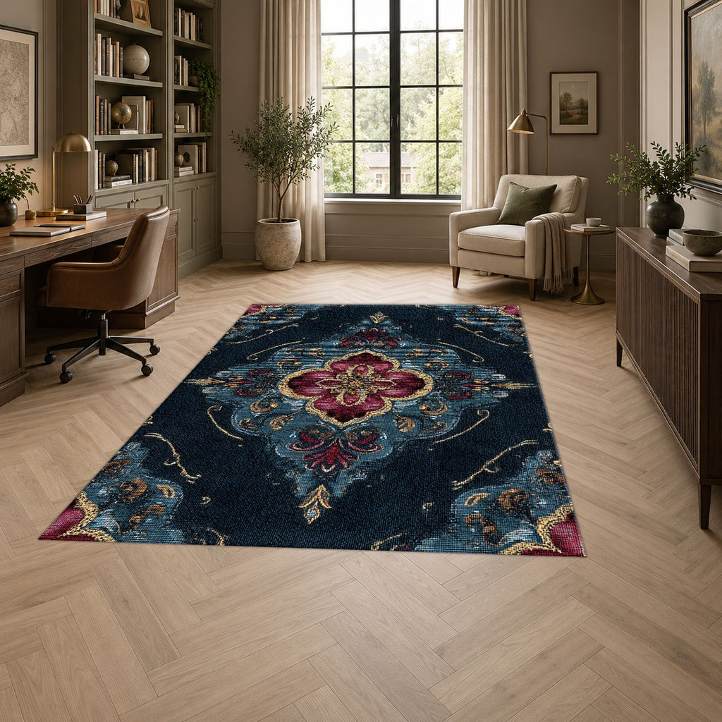 Navy and Magenta Baroque Medallion printed area rug