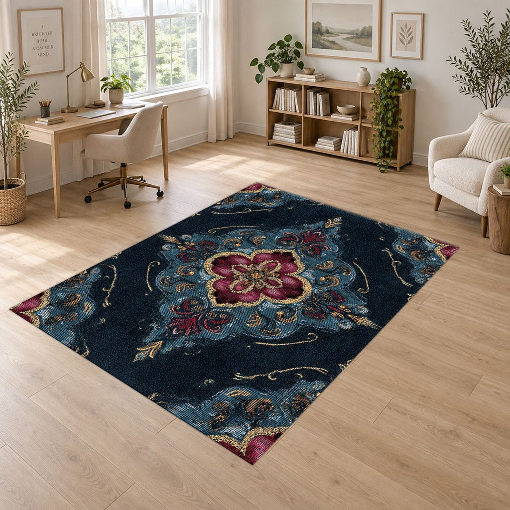 Navy and Magenta Baroque Medallion printed area rug