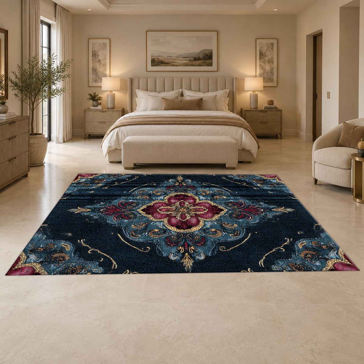 Navy and Magenta Baroque Medallion printed area rug