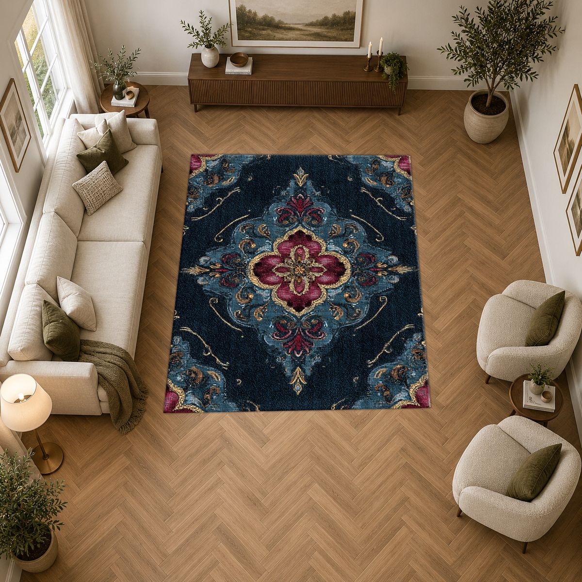 Navy and Magenta Baroque Medallion printed area rug
