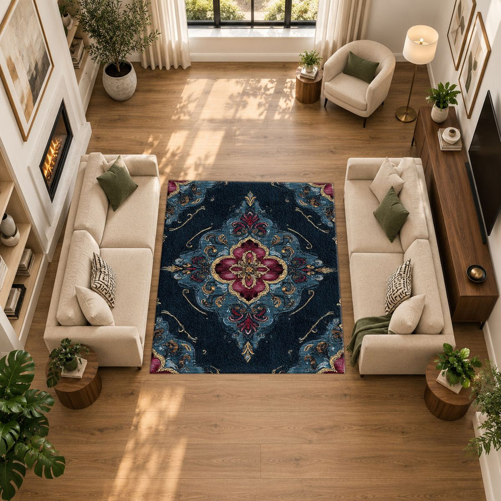 Navy and Magenta Baroque Medallion printed area rug