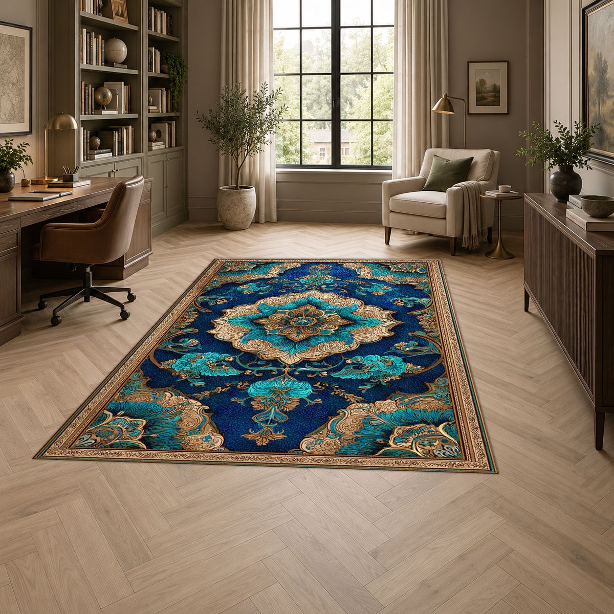 Turquoise and Gold Ornate Medallion printed area rug