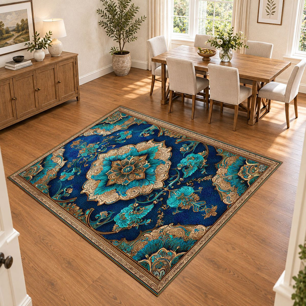 Turquoise and Gold Ornate Medallion printed area rug