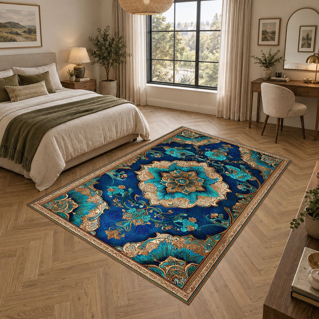 Turquoise and Gold Ornate Medallion printed area rug