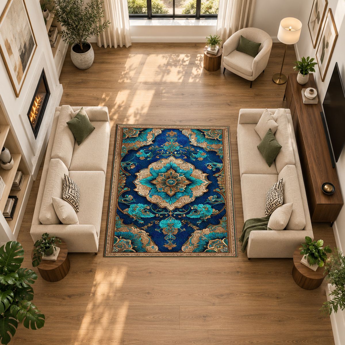 Turquoise and Gold Ornate Medallion printed area rug