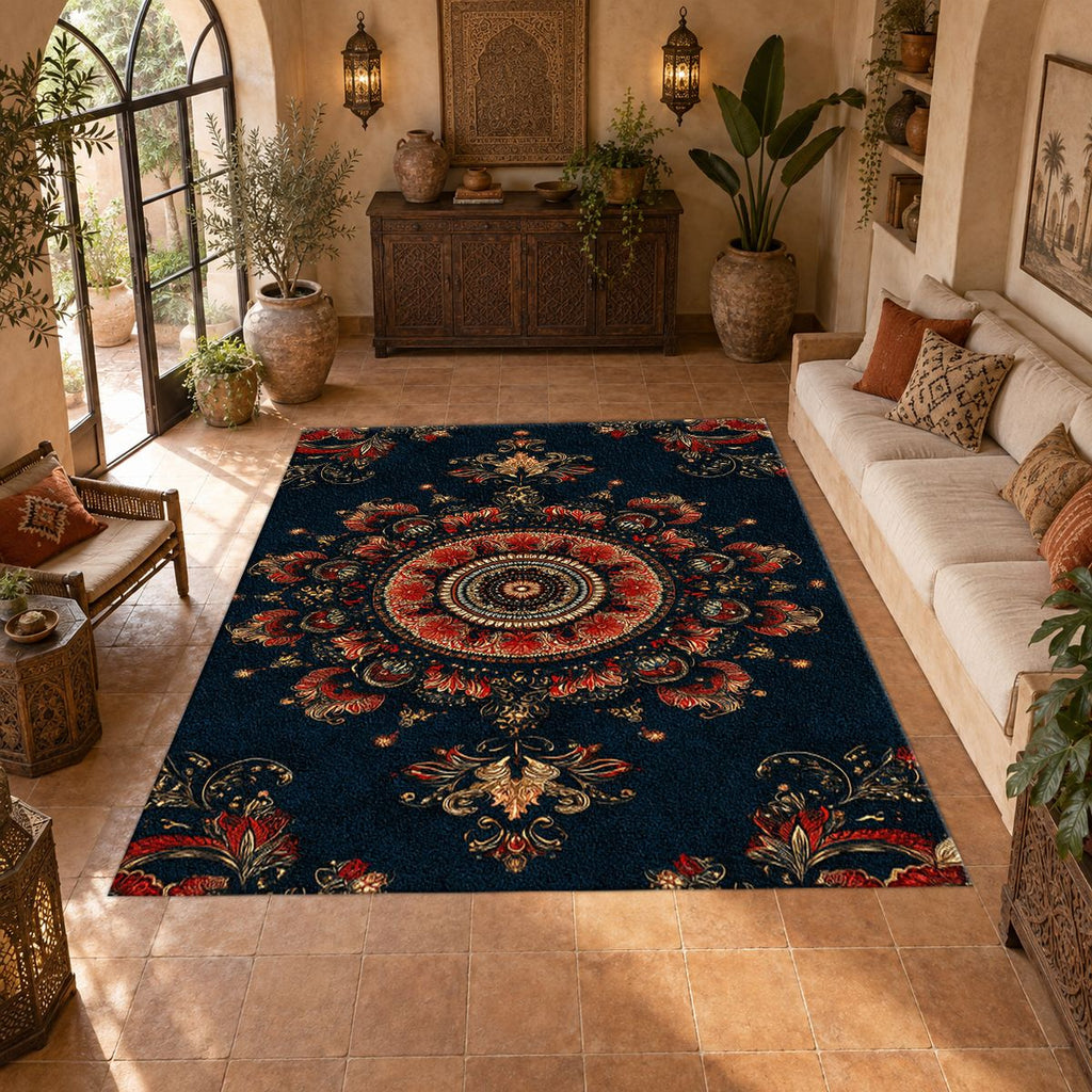 Black and Rust Ornate Medallion printed area rug