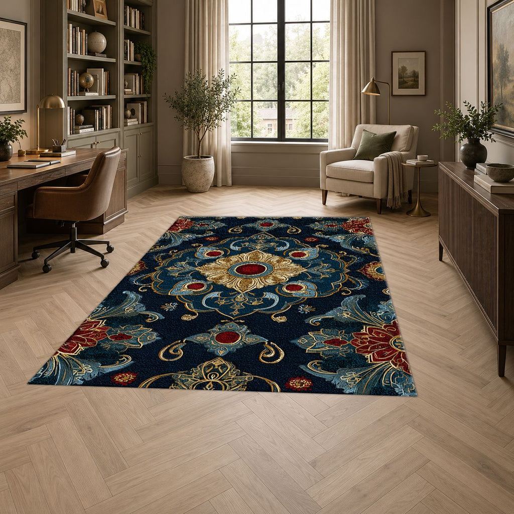Navy and Gold Jeweled Medallion printed area rug