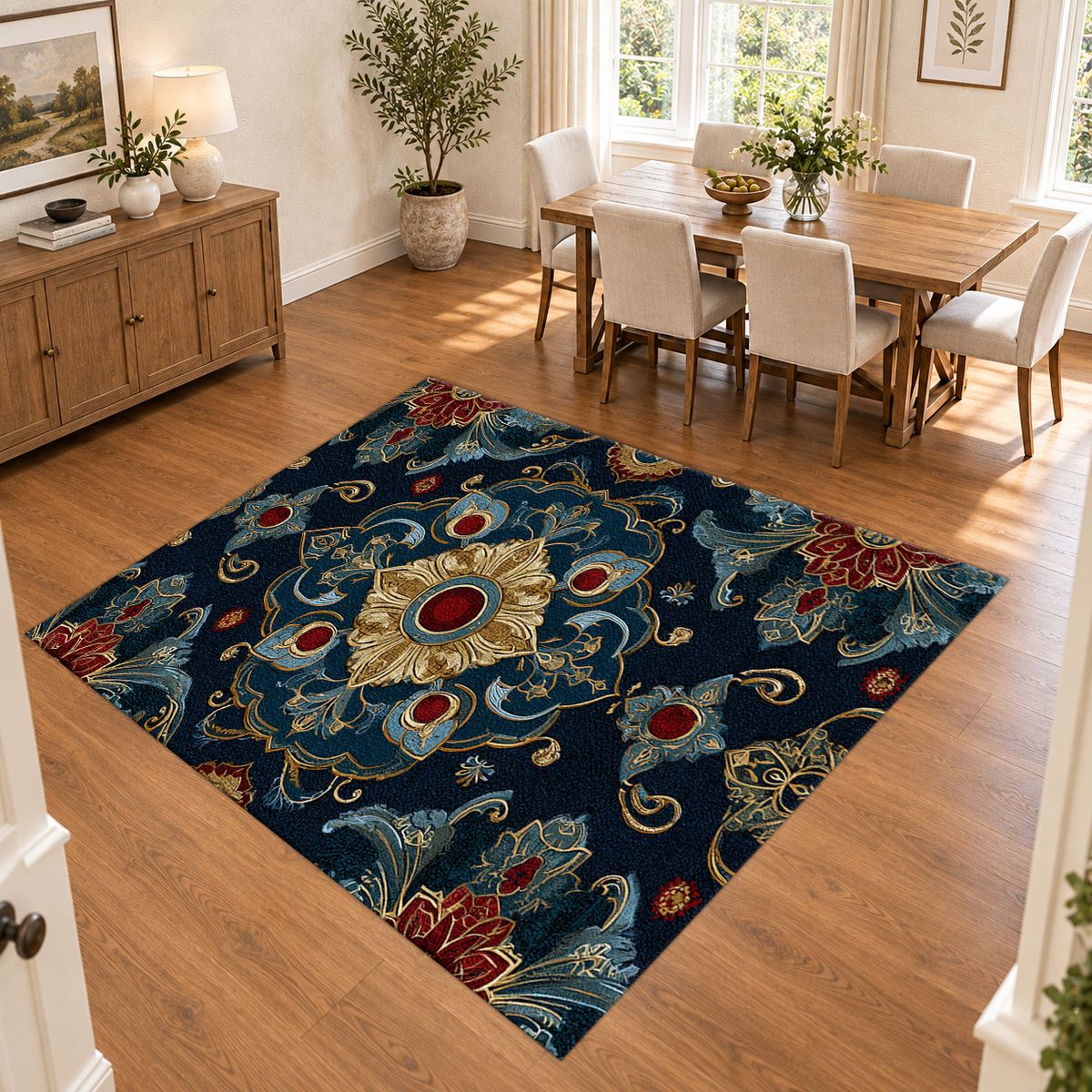 Navy and Gold Jeweled Medallion printed area rug