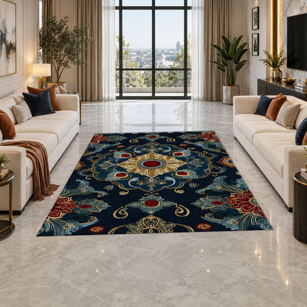 Navy and Gold Jeweled Medallion printed area rug