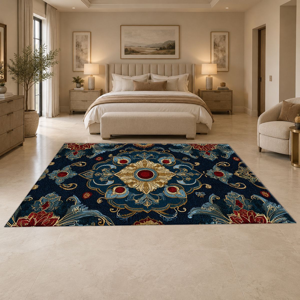 Navy and Gold Jeweled Medallion printed area rug