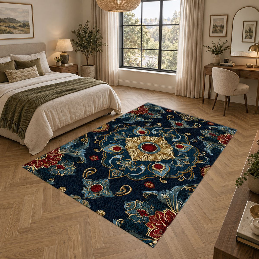 Navy and Gold Jeweled Medallion printed area rug