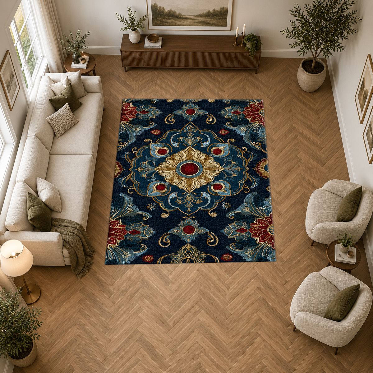 Navy and Gold Jeweled Medallion printed area rug