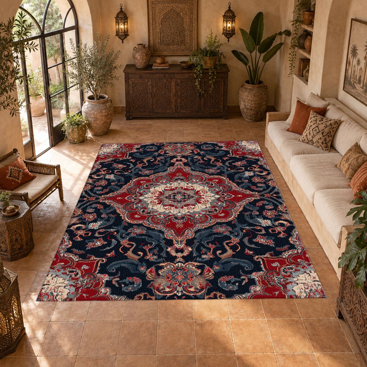Red and Navy Floral Persian Medallion printed area rug