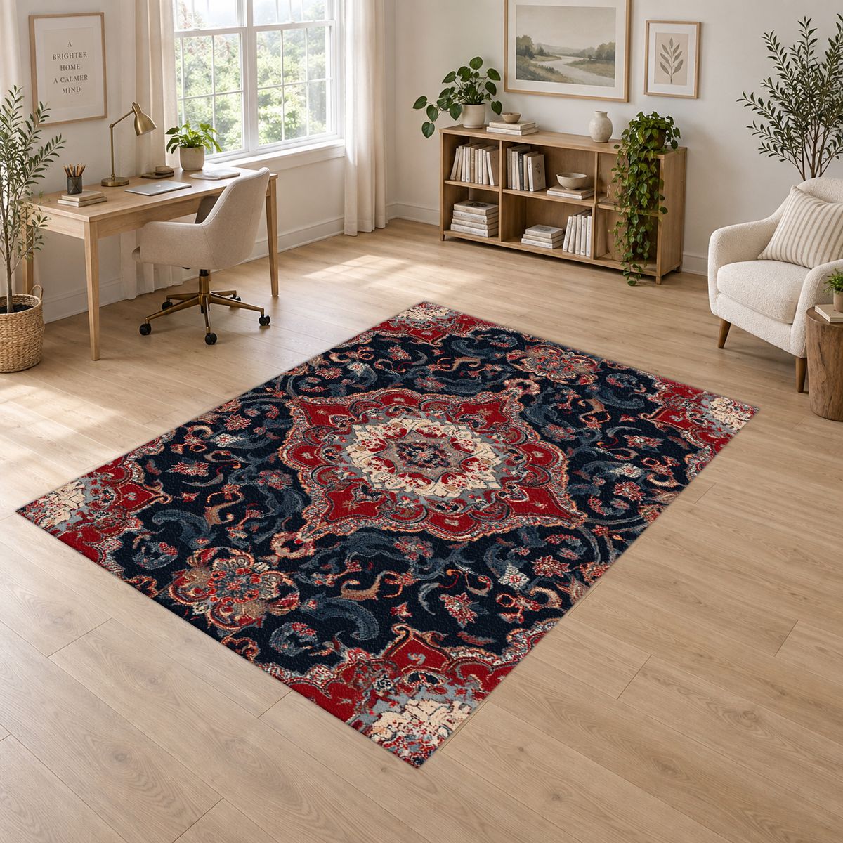 Red and Navy Floral Persian Medallion printed area rug