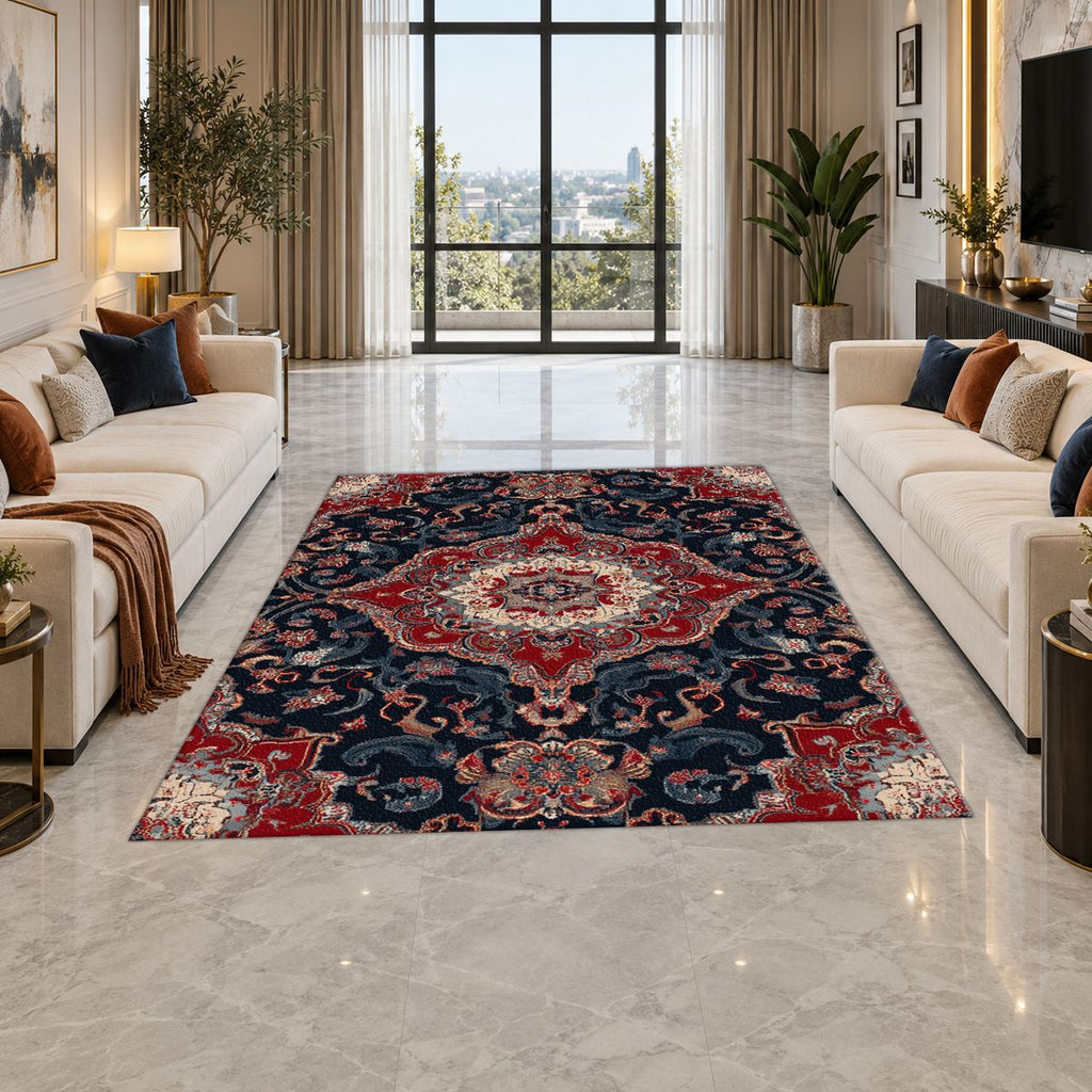 Red and Navy Floral Persian Medallion printed area rug