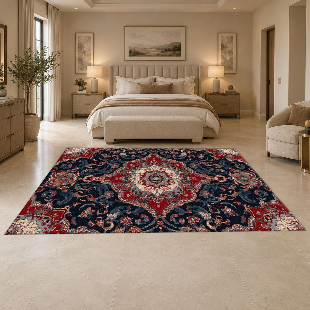 Red and Navy Floral Persian Medallion printed area rug