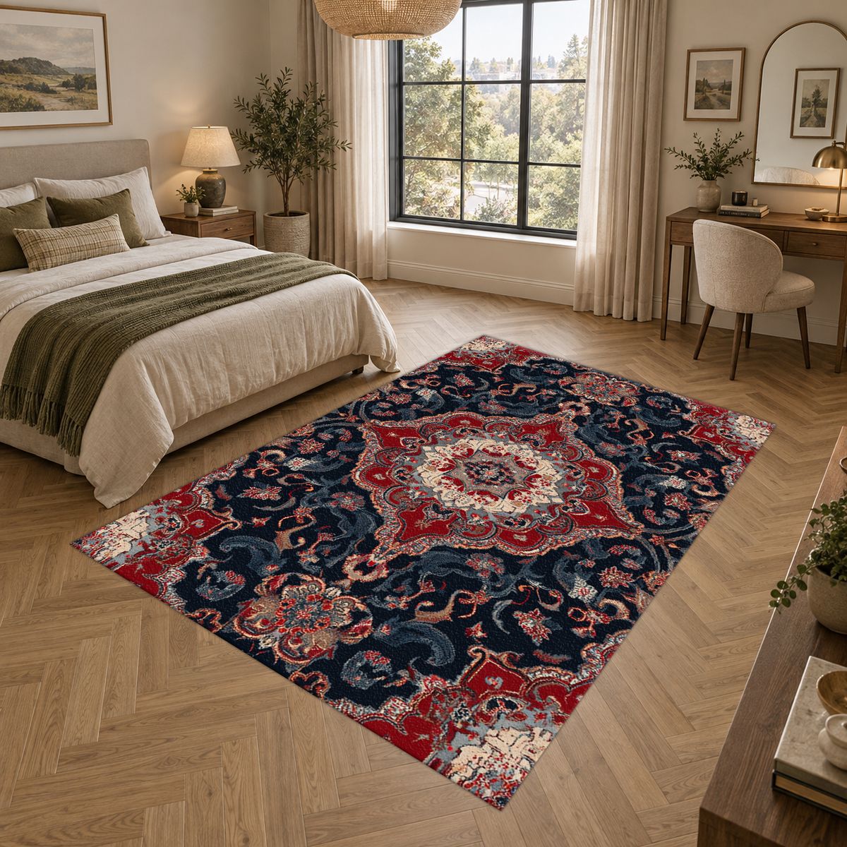 Red and Navy Floral Persian Medallion printed area rug