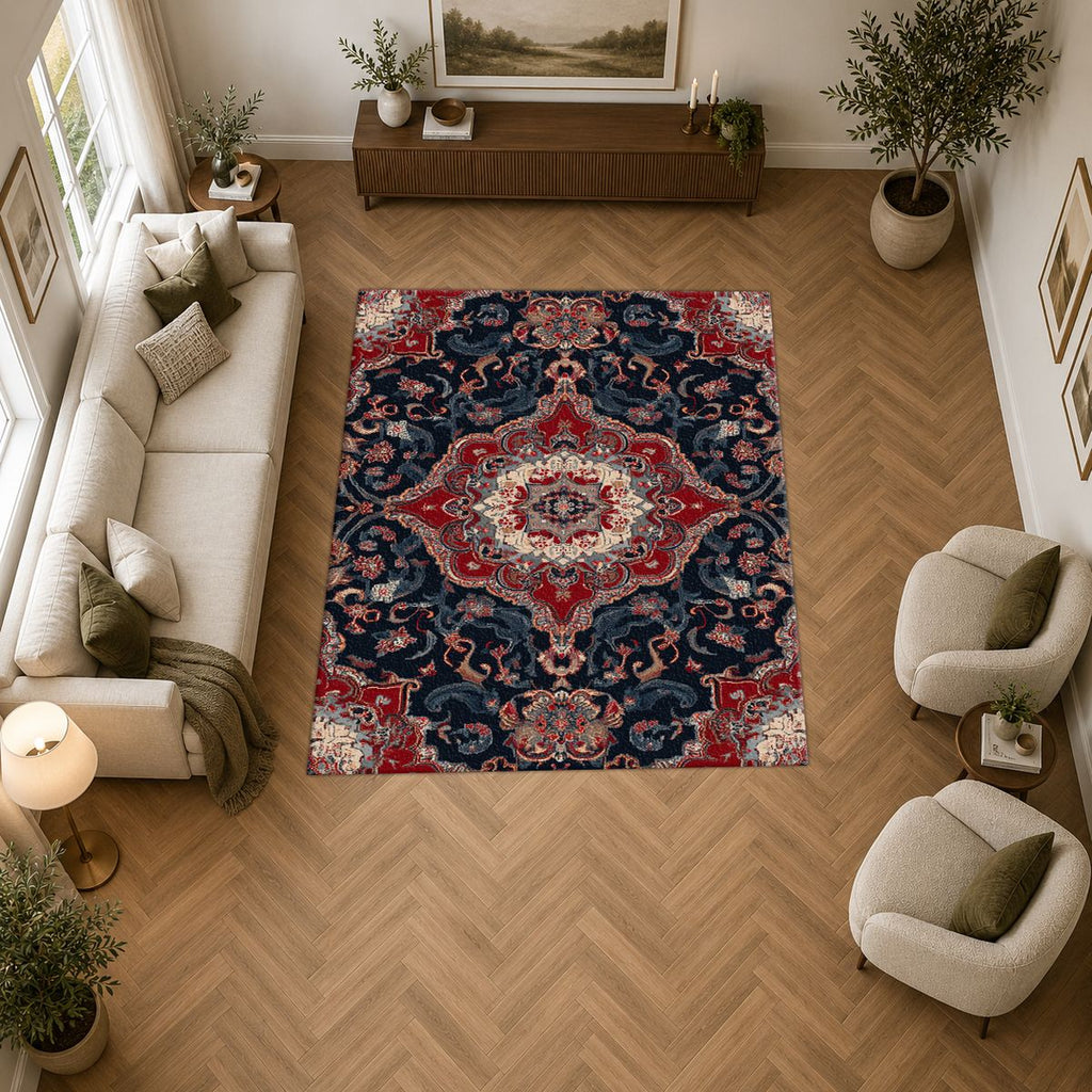 Red and Navy Floral Persian Medallion printed area rug