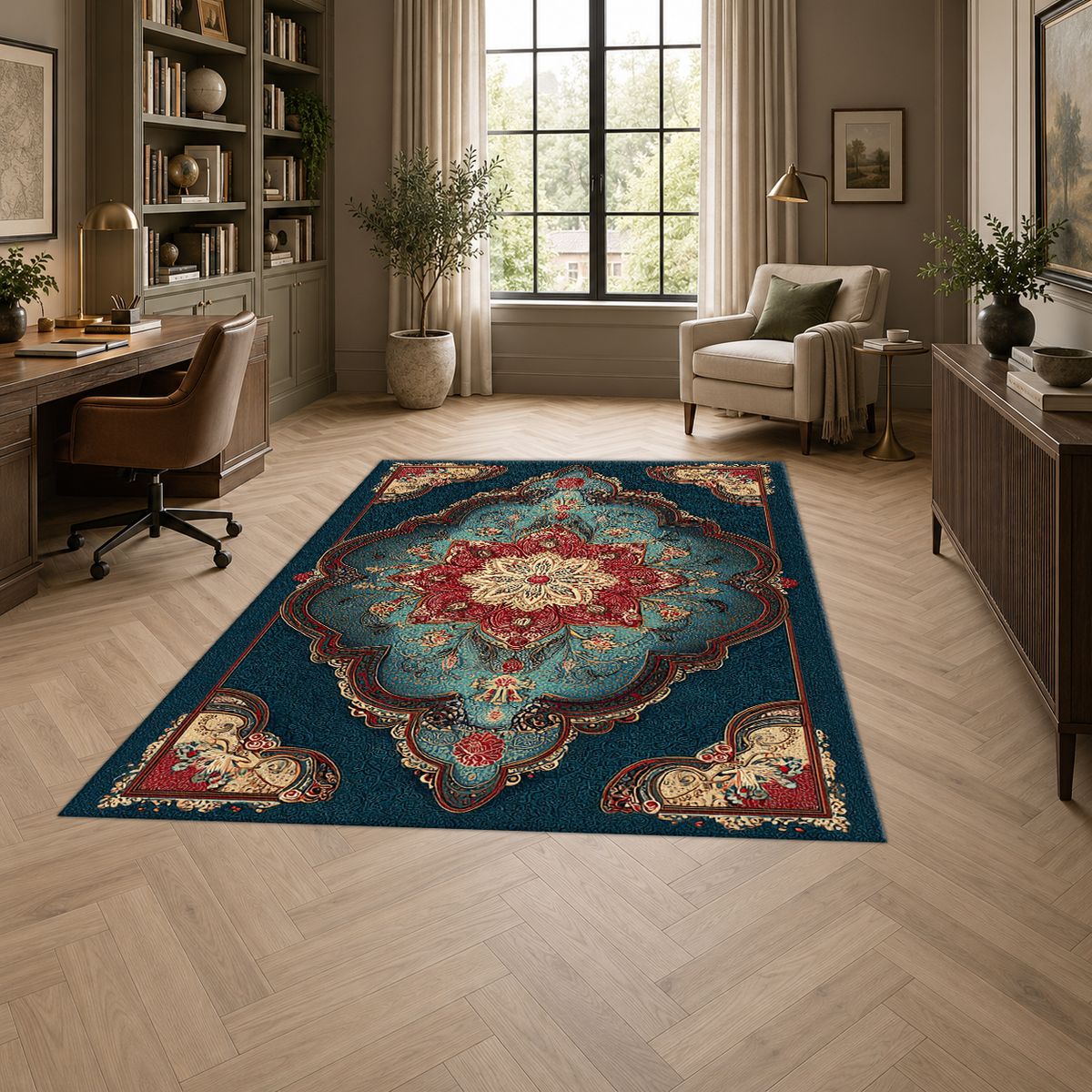 Teal and Coral Vintage Medallion printed area rug