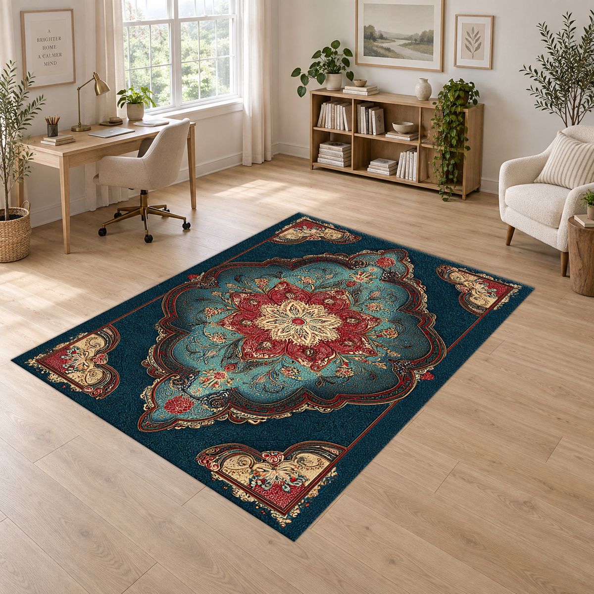 Teal and Coral Vintage Medallion printed area rug