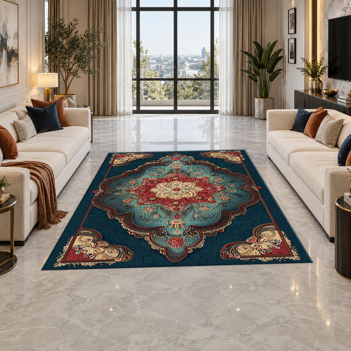 Teal and Coral Vintage Medallion printed area rug