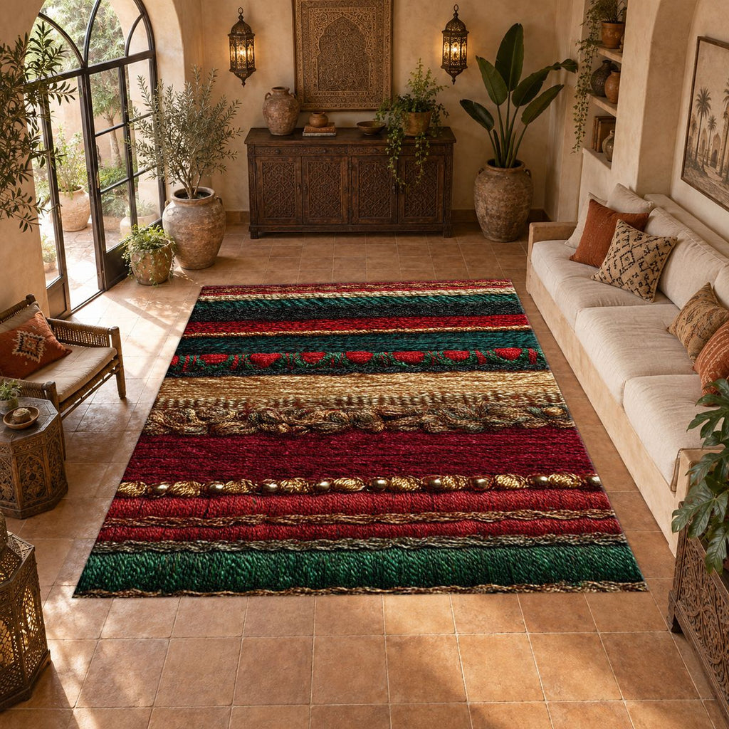 Red Green and Gold Striped Woven printed area rug
