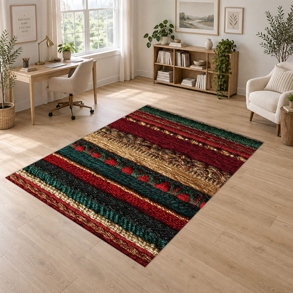 Red Green and Gold Striped Woven printed area rug
