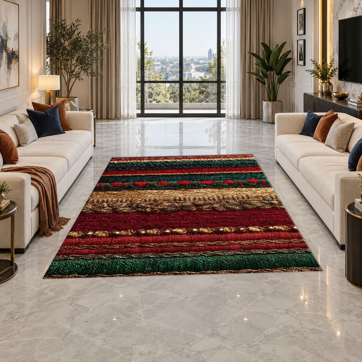 Red Green and Gold Striped Woven printed area rug