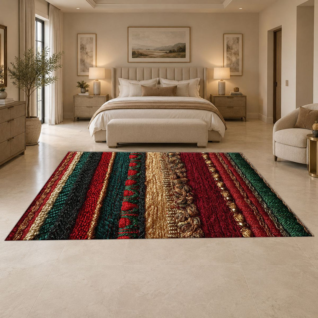 Red Green and Gold Striped Woven printed area rug