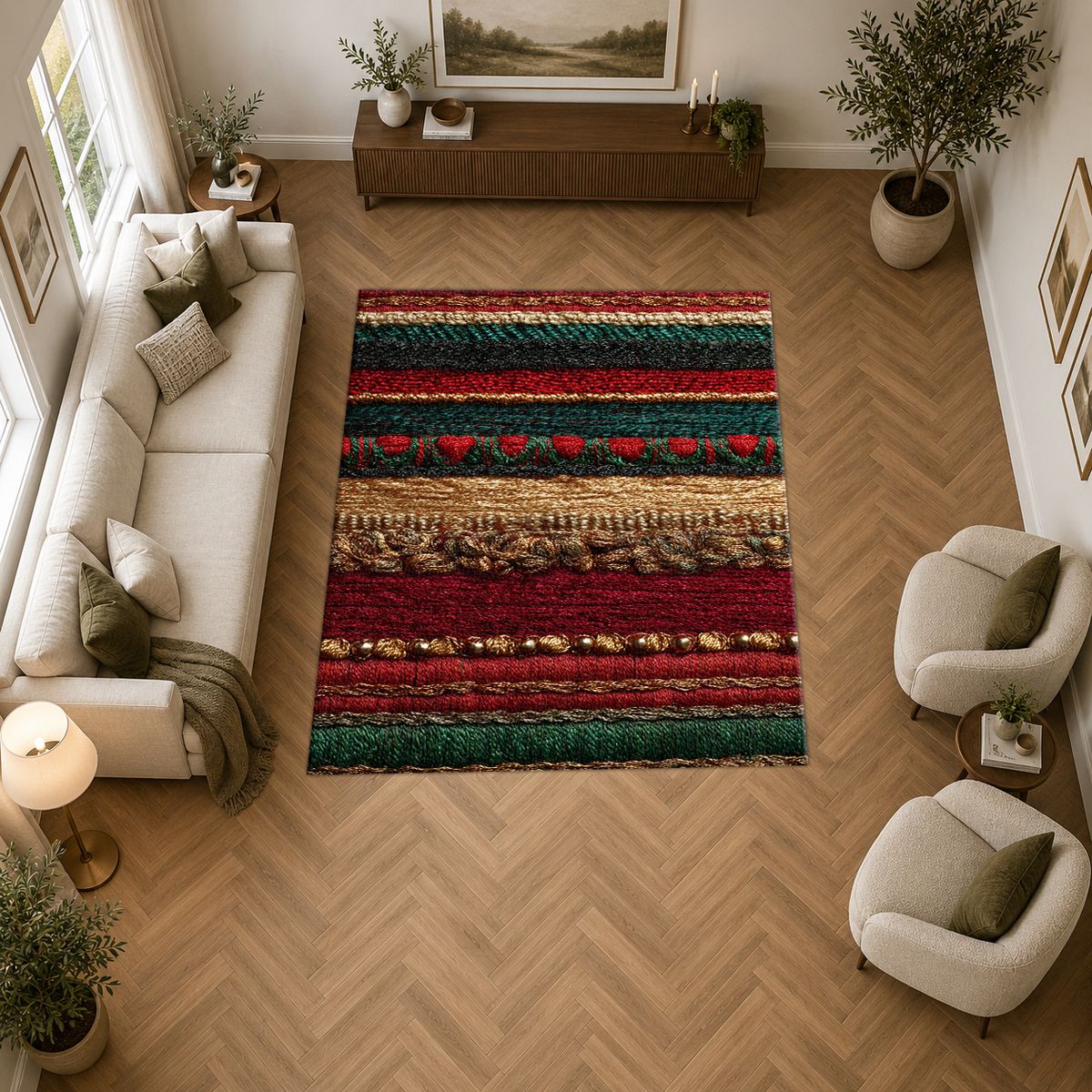 Red Green and Gold Striped Woven printed area rug