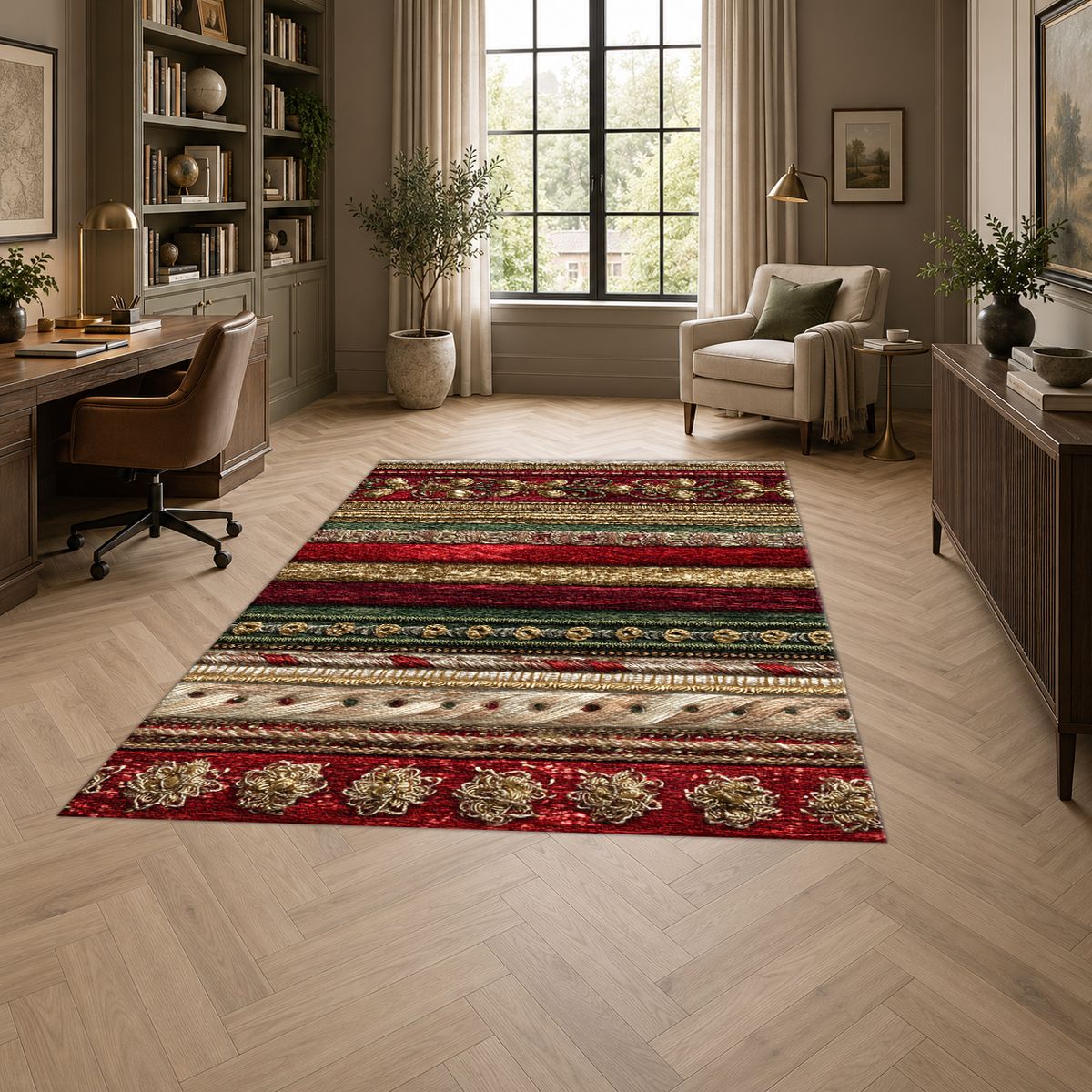 Red and Gold Ornate Striped printed area rug