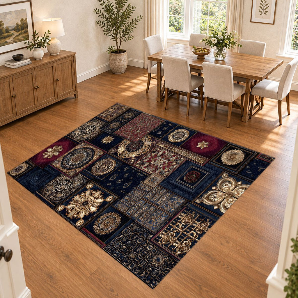 Navy and Gold Ornate Patchwork printed area rug