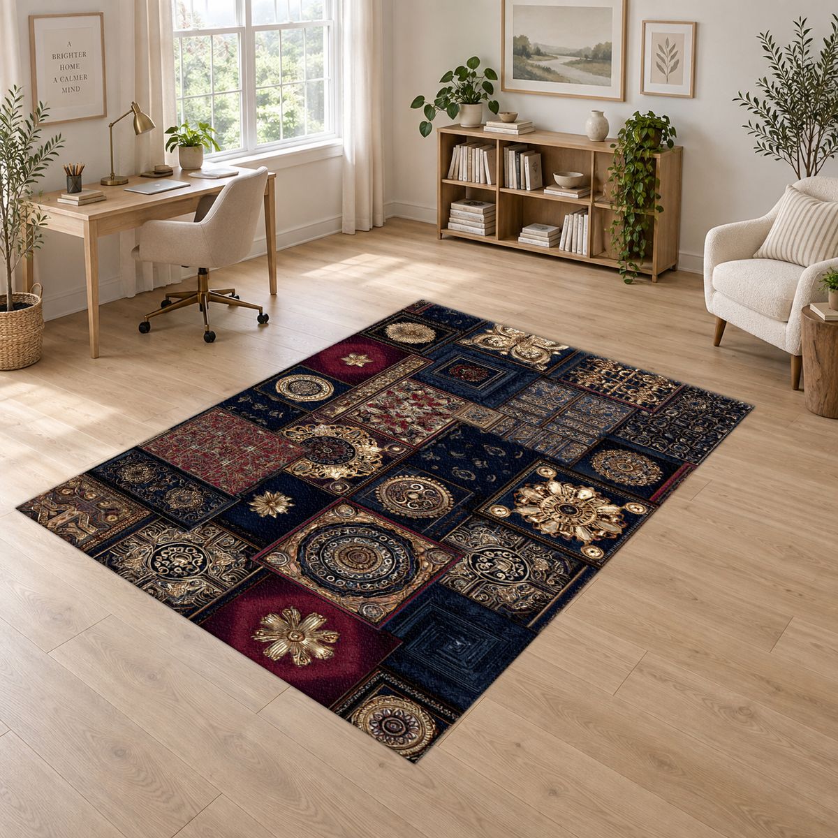 Navy and Gold Ornate Patchwork printed area rug