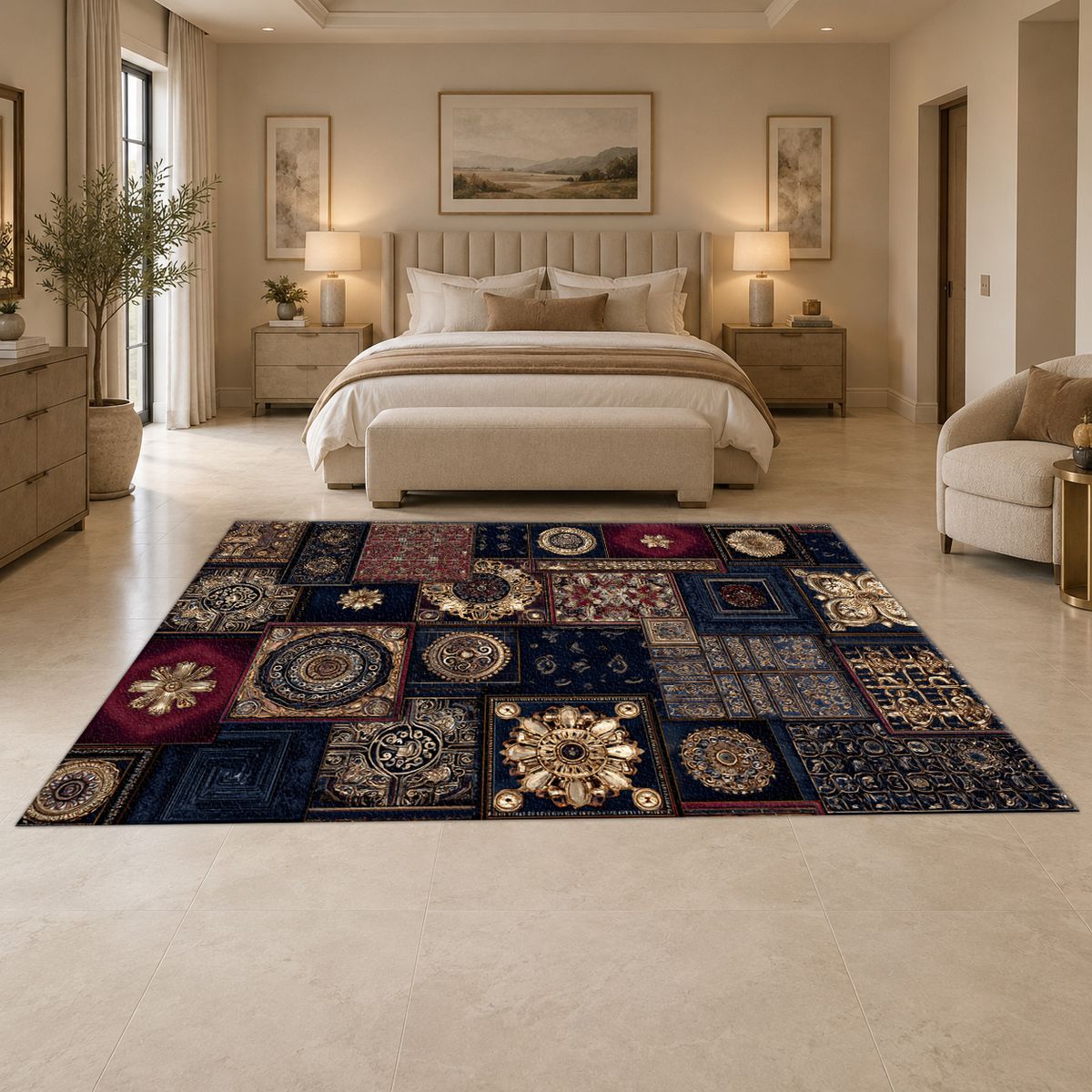 Navy and Gold Ornate Patchwork printed area rug