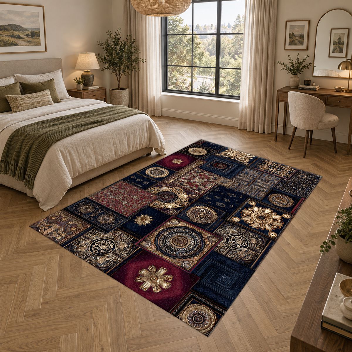 Navy and Gold Ornate Patchwork printed area rug