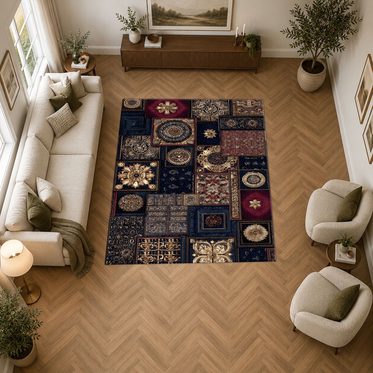 Navy and Gold Ornate Patchwork printed area rug