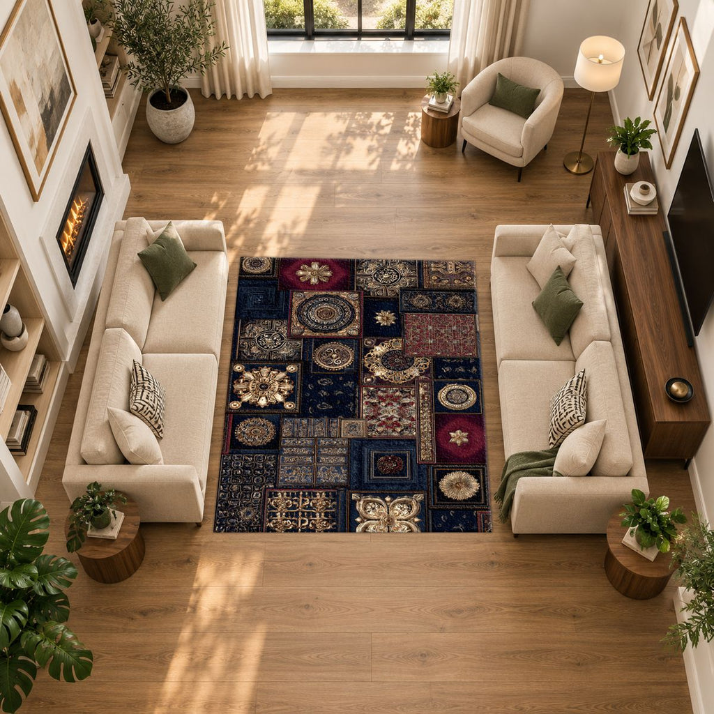 Navy and Gold Ornate Patchwork printed area rug