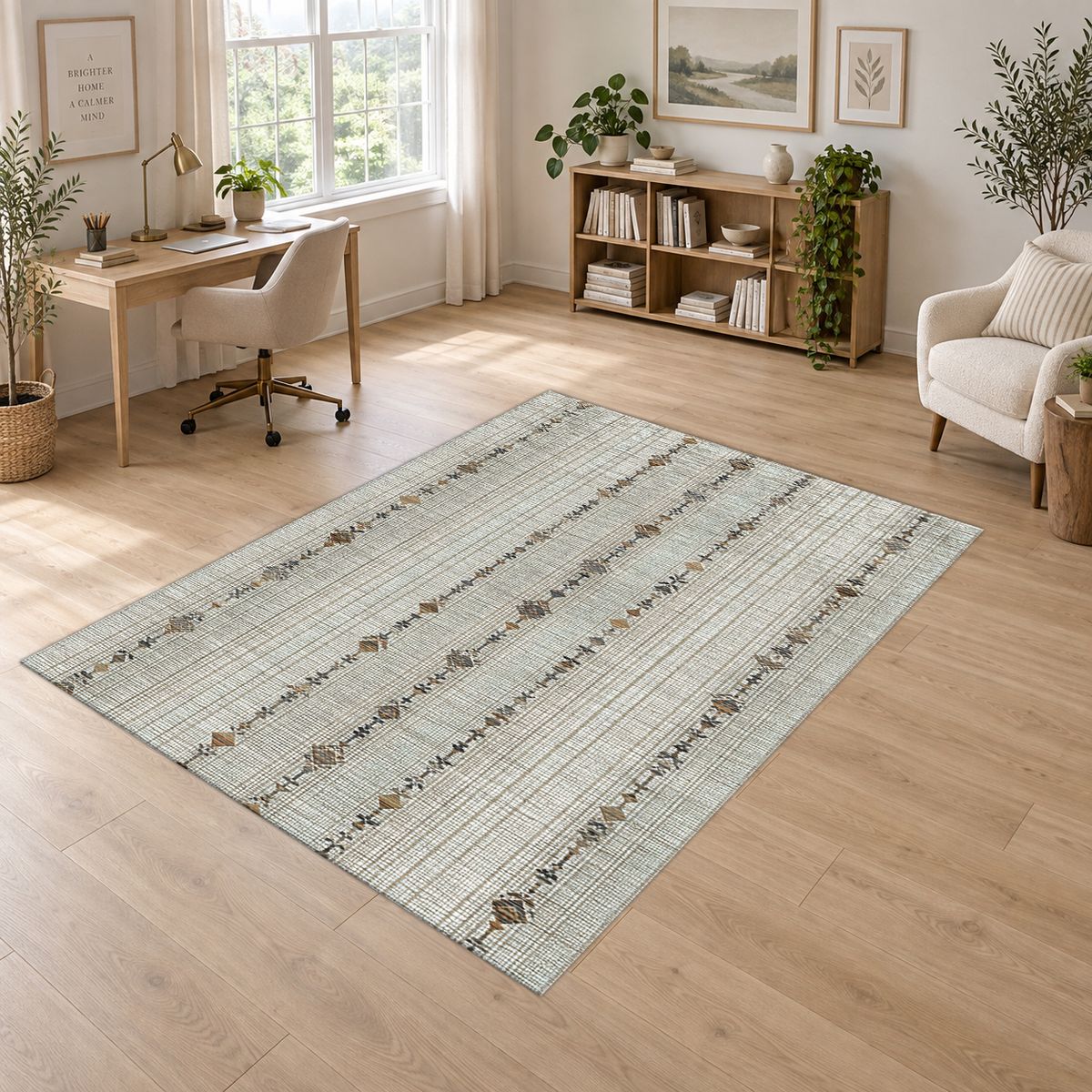 Neutral Linen Minimal Striped printed area rug