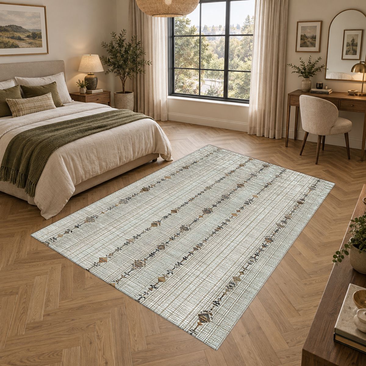 Neutral Linen Minimal Striped printed area rug