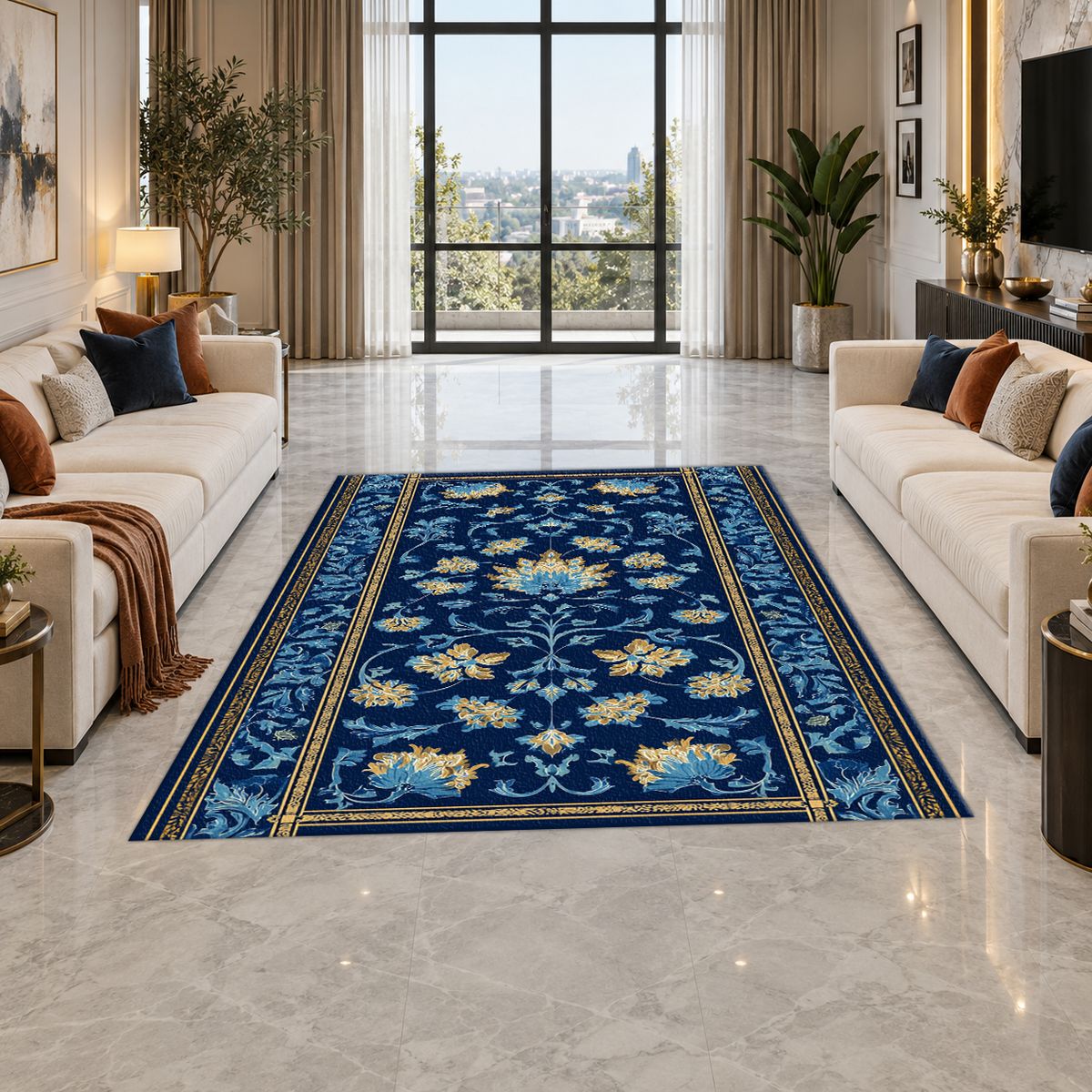 Royal Blue Floral Persian Runner printed area rug