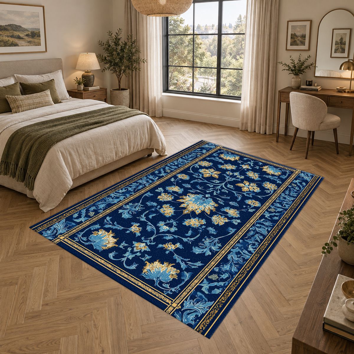 Royal Blue Floral Persian Runner printed area rug